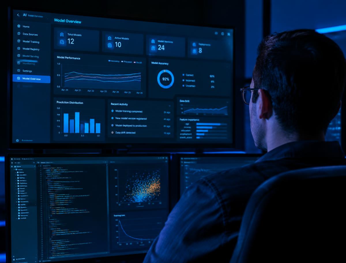 Engineer reviewing AI model performance dashboards